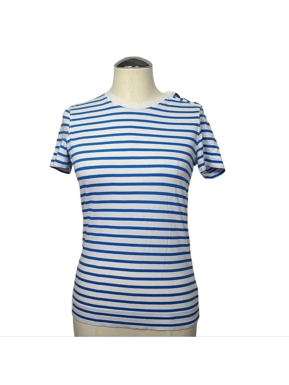 Lauren Ralph Lauren Blue White Striped Cotton Shoulder Buttons Short Sleeve Top